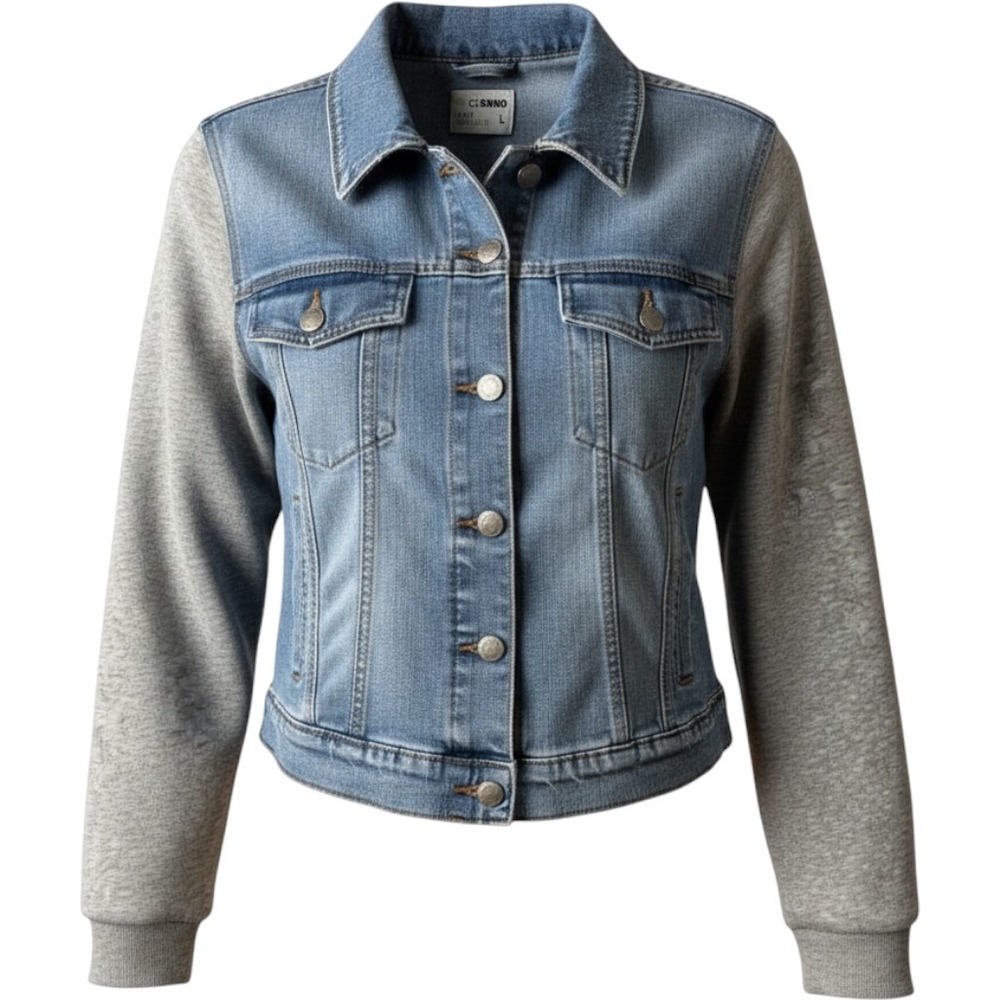 Cisono Denim Jacket Mixed Media Sweatshirt Sleeve Cropped Raw Hem Large Blue